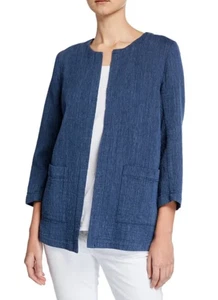 Chaqueta Topper Bolsillo Sin Cuello Índigo Eileen Fisher M Algodón Orgánico Lino Abierta - Imagen 1 de 12