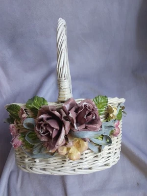 Basket White Painted Wicker Decorative Basket With Handle & Flower design - Image 1 of 4