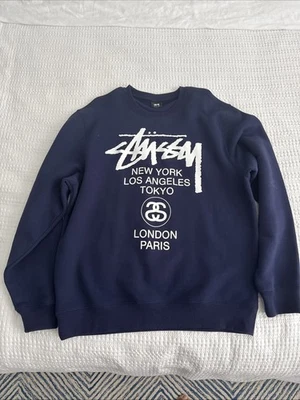 Stussy Sweatshirt Mens L Navy World Tour Crew Pullover Streetwear Logo Graphic - Image 1 of 4
