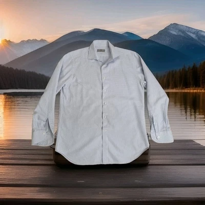 Camisa de Vestir CANALI Para Hombre 42/16.5 Azul Blanco Geométrica Manga Larga Hecha en Italia Foto 1 de 4