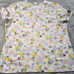 Looney Tunes Scrub Top Women's Large Tweety Bird Hippie Peace Flowers VTG - Picture 1 of 7