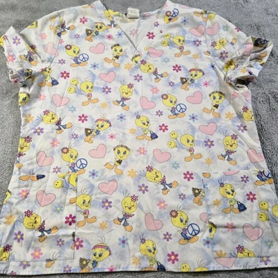 Looney Tunes Scrub Top Women's Large Tweety Bird Hippie Peace Flowers VTG - Image 1 of 4