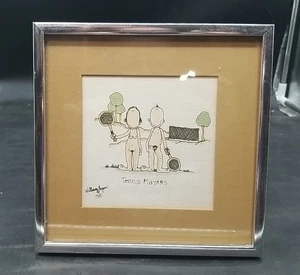 William Bill Eagan Tennis Players Watercolor Print Signed 1980 6.5x6.5 Framed - Picture 1 of 3