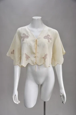 古董复古 20 世纪 20 年代软黄油黄色丝绸和花边开普雷特衬衫床夹克 XS-L — 第 1/4 张图片