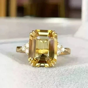 14k Yellow Gold Plated 4Ct Emerald Cut Lab Created Yellow Citrine Wedding Ring - Picture 1 of 5