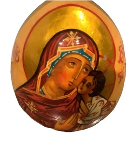 Hand Painted Russian ORTHODOX Icon Egg Virgin Mary & Christ Child Solid Wood - Picture 1 of 6