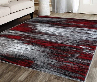 , Modern Contemporary Area Rug, Red Grey Black (5 Feet X 7 Feet) - Image 1 of 4