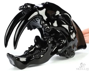 8.0" Black Obsidian Hand Carved Crystal Wolf Skull Sculpture, Crystal Healing - Picture 1 of 9
