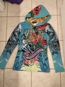 Christian Audigier TATUAGGIO GRAZIOSO~FODERATO IN RASO ORO~FELPA CON CAPPUCCIO M NUOVA$299 - Foto 1 di 7