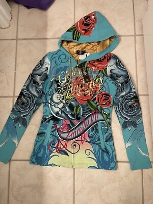 Christian Audigier TATUAJE GRACIOSO~FORRADO SATINADO DORADO~SUDADERA CON CAPUCHA M NUEVA$299 Foto 1 de 4