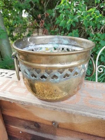 Small Vintage Pierced Hearts Brass Ring Handle Planter Flower Pot Cover