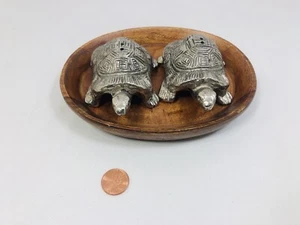 Pewter Tone Turtle Tortoise Salt and Pepper Shakers With Wooden Dish - Picture 1 of 11