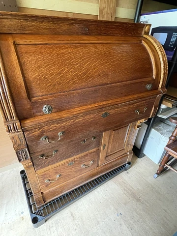 Antique Victorian Roll Top Desk Oak Glass Door Bookcase W/Chair & bonus Rocker! Cover