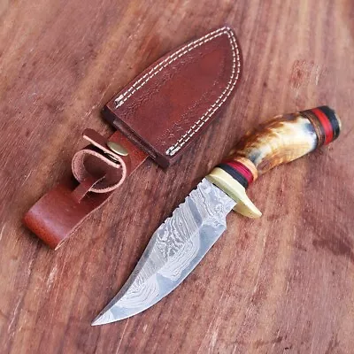 Custom Handmade Forged Damascus Steel Hunting Bowie Knife Bone Handle w/ sheath - Image 1 of 4