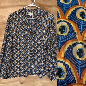 Melloday Blouse Sheer V-Neck Peacock Buton-Up Long Sleeve Top Size XL shimmer - Picture 1 of 10