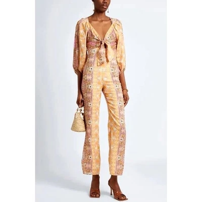 SANDRO Dieppe Printed Wide Leg Jumpsuit Size 36/4 Tan Retro Floral Cutout Plunge - Image 1 of 4