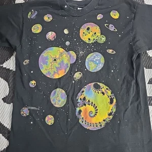 Vtg 94 Liquid Blue Dean Marshall Fractal Planets T-Shirt AOP Large Single Stitch - Picture 1 of 9