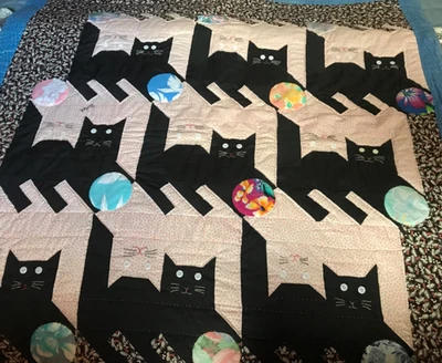 HANDMADE Vintage Nostalgic Black  Kitty  Cat Lap Quilt 44” x 54” - Image 1 of 3