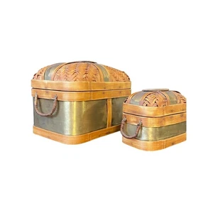 Vintage Asian Brass Bamboo Wicker Trinket Boxes Set Decorative Lidded Baskets - Picture 1 of 14