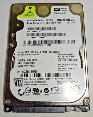 WESTERN DIGITAL *** WD2500BEVS *** 250 GB SATA HDD Notebook 2,5 Zoll #NFP1263 - Bild 1 von 3