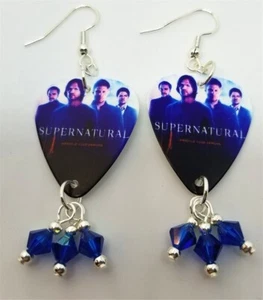 Supernatural Wrestle Your Demons Guitar Pick Earrings with Capri Blue Swarovskis - Picture 1 of 4