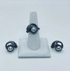 GUGLIELMO CINI Italienische Sterling Silber Perle Jugendstil Motiv Ohrringe & Ring - Bild 1 von 9