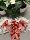 Frilly School Socks Size 3-5.5 White Lace And Red Checked Bows & 2 Hair Bobbles