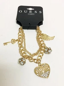 NEW GOLD TONE GUESS CHAIN LINK,HEART,KEY,BALL,RHINESTONE,CRYSTAL,CHARM BRACELET - Picture 1 of 2