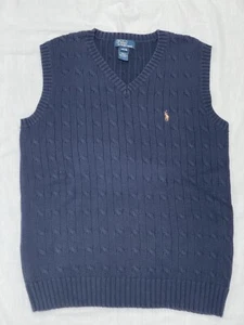 Boys POLO Ralph Lauren Cable Knit V Neck Sweater Vest Navy Blue L 16/18 - Picture 1 of 5