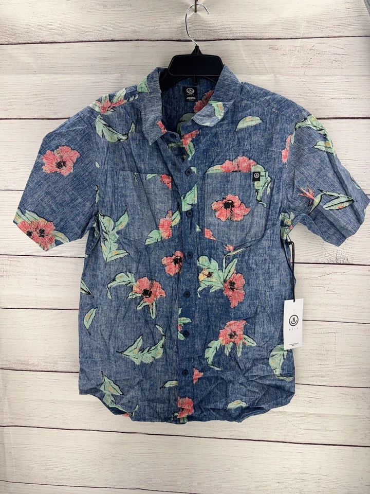 Camisa Hawaiana NEFF Para Hombres Abotonada Azul Floral Hibisco Manga Corta Talla Pequeña Nueva con Etiquetas Foto 1 de 4