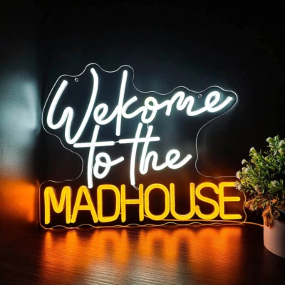Letreros de neón Welcome to the Madhouse de 15,74" luz USB personalizados decoración artística de habitación loca Foto 1 de 4