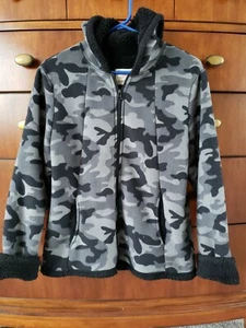 Faded Glory Hooded Fleece Jacket Womens Size Medium Gray Black Camouflage Warm - Picture 1 of 4