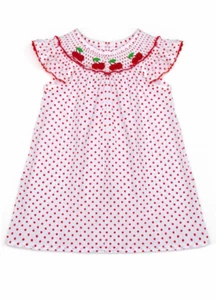 Toddler Girl Smocked Dress With Embroidered Cherries, Red & White Polka Dot - Picture 1 of 9