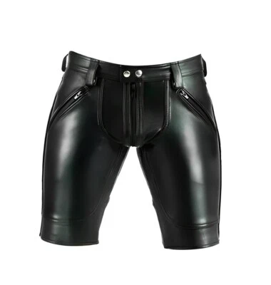 Men's Real Leather Shorts Double Rear Zip Gay Leather Shorts BLUF Clubwear - Image 1 of 4