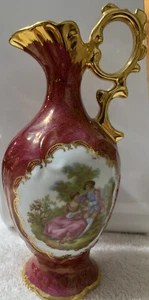 Vintage Le Reine Limoges Fabriquee raspberry color gold trim mini pitcher - Picture 1 of 8