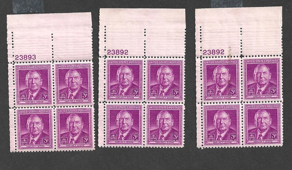 US STAMP  965 PLATE BLOCKS 3 RARE PL #s HARLAN FISKE STONE MINT NH OG FREE SHIP - Image 1 of 1