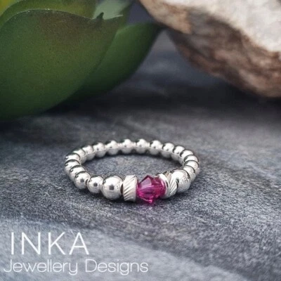 INKA Sterling Silver stacking Stretch Ring Thumb ring Pink Swarovski bead - Image 1 of 4