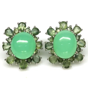 925 Sterling Silver 9 x 11 mm. Green Chrysoprase & Sapphire Earrings White Gold - Picture 1 of 4