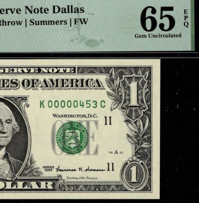 1999 $1 Federal Reserve Note Low 3 digit Serial Number Dallas K00000453C PMG 65 - Image 1 of 4