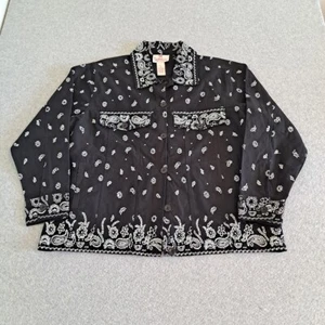Quaker Factory Jacket Women XL Black Denim Bandanna Sequins Paisley Artsy Comfy - Picture 1 of 7