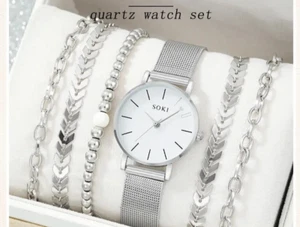 NEW Silver 6pc Bracelet & Quartz Wrist watch Gift Set 4 - Picture 1 of 4