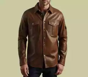 Hecho a mano Hombres Marrón Oscuro Camisa Estilo Chaqueta de Carga, Elegante Chaqueta de Motociclista de Cuero - Imagen 1 de 3