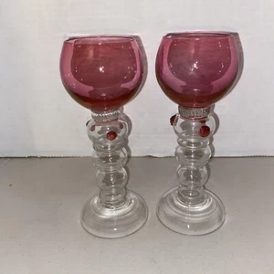 Pair Moser Roemer Art Glass Wine Hock Goblet with Cranberry Glass Top 7.5” Tall - Picture 1 of 5