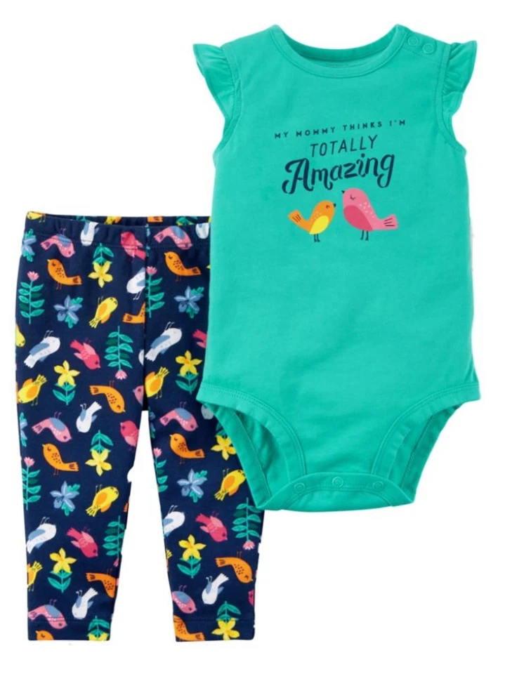 Carters Infantil Niñas Bebé Conjunto Azul Pájaro Temático Body Leggings Conjunto 3m Foto 1 de 1
