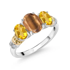 925 Sterling Silver and 10K Yellow Gold Brown Tiger Eye Citrine and Diamond 3 - Picture 1 of 3