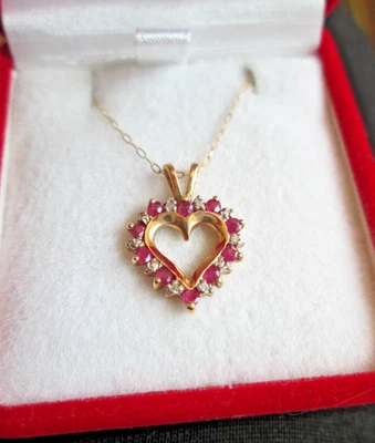 Vintage Ruby Sapphire Diamond Open Heart Pendant Necklace 10K Gold + 9.5" Chain - Image 1 of 4