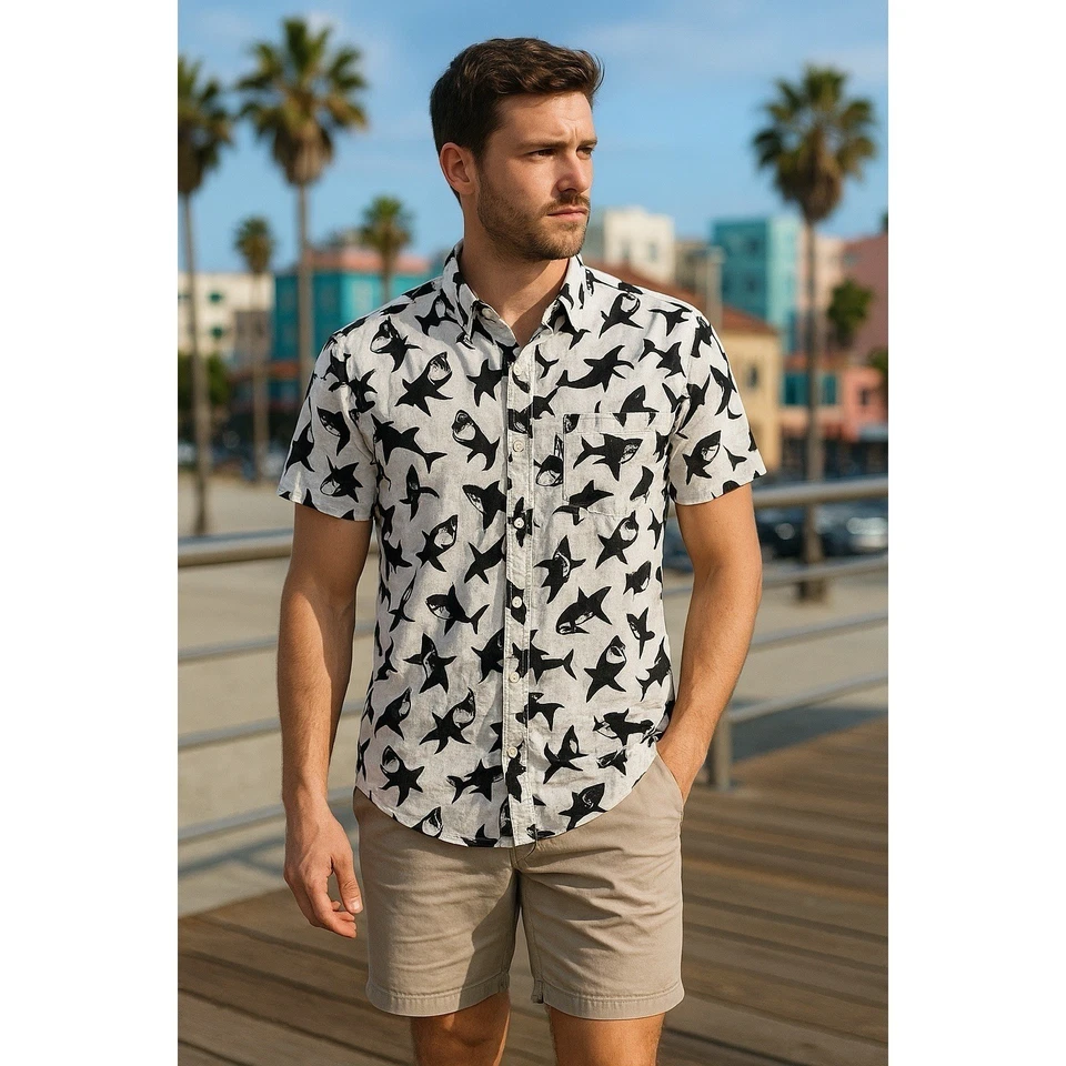 Camisa Adam Levine Hombres Mediana Y2K Blanca Negra Tiburón Mandíbulas Temática Costera Ropa de Resort Foto 1 de 4