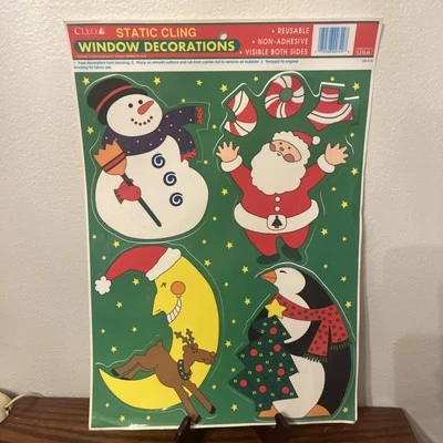 Ventana de Navidad pegada Santa Luna muñeco de nieve pingüino vacaciones decoración celestial años 90  Foto 1 de 4