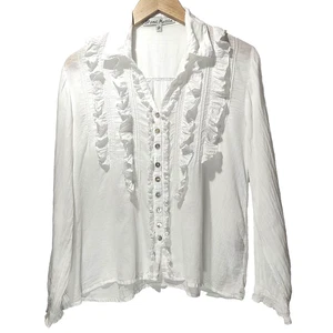 Sundance JP & Mattie White Button Up Ruffle Blouse SP-MP Crinkle Cotton Romantic - Picture 1 of 19