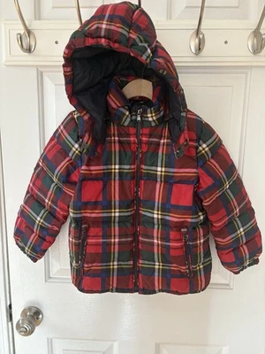 Polo Ralph Lauren Down Plaid Boy Red Coat 6 Detachable Hood Zip Water Repellent - Image 1 of 4